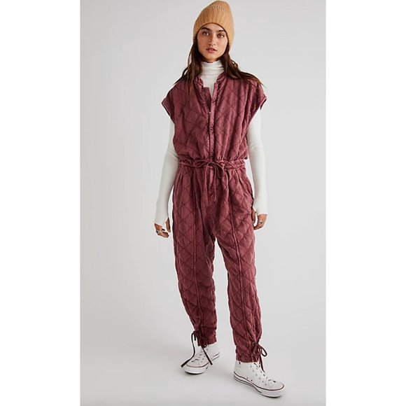 Free People FP One Quilted Betty Coverall Jumpsuit Size Mediumin Maroon